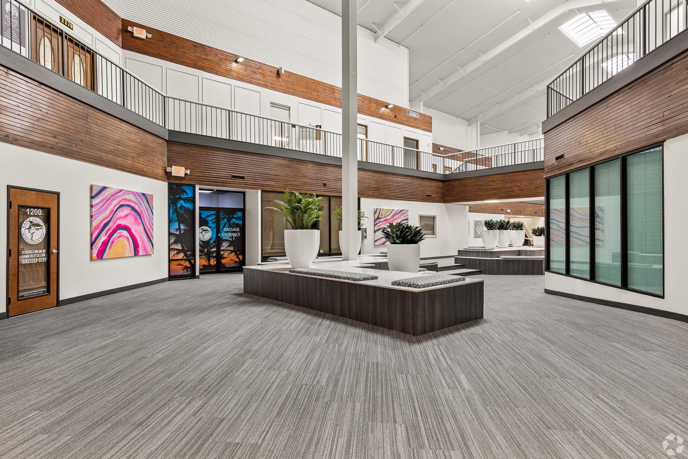 Modern commercial office lobby with durable porcelain tile flooring